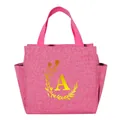 Insulated pink lunch bag with yellow letter A and floral wreath for portable meal - Gold Gradient Letter A / 25*14*24CM / Rose Red
