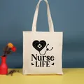 Bolso de lona color crema con estampado negro Nurse Life e icono de estetoscopio - Estilo Icono Creativo Nurse LIFE (Nurse-34) / 35*39cm / Nurse-34