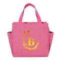 Pink portable insulated lunch bag featuring a golden letter B with floral wreath design - Gold Gradient Letter B / 25*14*24CM / Rose Red