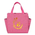 Pink portable insulated lunch bag featuring golden floral letter E design for school - Gold Gradient Letter E / 25*14*24CM / Rose Red