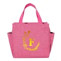 Pink insulated lunch bag with portable handle and yellow floral initial F design - Gold Gradient Letter F / 25*14*24CM / Rose Red
