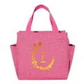 Portable pink insulated lunch bag with golden floral letter I pattern for office meal - Gold Gradient Letter I / 25*14*24CM / Rose Red