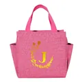 Portable pink insulated lunch bag with golden letter J wreath print for office students - Gold Gradient Letter J / 25*14*24CM / Rose Red