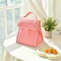 Minimalist solid pink insulated Oxford cloth lunch bag with handle and velcro closure - Double-sided Magic Tape / Pink