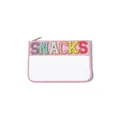 Clear PVC makeup pouch with pink trim and colorful "SNACKS" chenille letters. - Standard Style (P303) / Light Pink