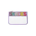 Clear PVC pouch with purple trim and colorful SNACKS chenille letter patches for travel. - Standard Style (P303) / Purple