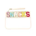 Clear PVC pouch with colorful SNACKS chenille letter patches and wrist strap. - Handheld Style (P303) / Beige