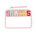 Clear pink PVC storage bag featuring colorful chenille SNACKS embroidered letter patches - Handheld Style (P303) / Deep Pink