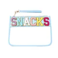 Light blue clear PVC storage bag with colorful SNACKS chenille embroidery and strap - Handheld Style (P303) / Sky Blue