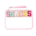 Pink transparent PVC pouch with 'SNACKS' colorful towel embroidery - Handheld Style (P303) / Light Pink