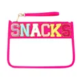 Transparent pink PVC travel pouch with colorful 'SNACKS' chenille embroidered letter patches - Handheld Style (P303) / Rose Red