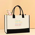 Stylish canvas tote bag featuring a colorful MOM I LOVE YOU print and floral decoration - 43*13.5*30.5cm / Mother-1