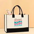 Stylish white canvas tote bag featuring black trim and 'Blessed Mama' colorful print - 43*13.5*30.5cm / Mother-4