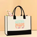Stylish cream canvas tote bag featuring a vibrant 'BLESSED MOM' heart print with black handles - 43*13.5*30.5cm / Blessed Mom (Mother-16)