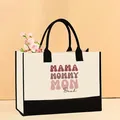 Large capacity canvas tote bag with MAMA print design in beige and black for women - 43*13.5*30.5cm / Mama Mommy Mom Bruh (Mother-7)