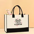 Large canvas tote bag with black handles and 'thanks mom' printed quote for gift - 43*13.5*30.5cm / Thanks Mom I Turned Out Awesome Style (Mother-39)