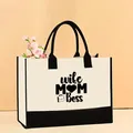Black and white canvas tote bag with 'Wife MOM Boss' print and heart icon - 43*13.5*30.5cm / Wife Mom Boss Style (Mother-42)