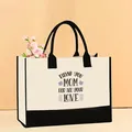 Large capacity canvas tote bag with Thank You Mom printed design and black trim - 43*13.5*30.5cm / THANK YOU MOM Printed (Mother-56)
