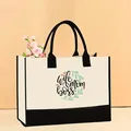 Stylish cream canvas tote bag with black trim and 'wife mom boss' printed design - 43*13.5*30.5 / Wife Mom Boss (Mother-61)