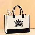 Large canvas tote bag with crown and Mom quote print in minimalist white and black - 43*13.5*30.5 / MOM Queen Title (Mother-64)