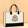 Stylish large canvas tote bag with Thanks Mom graphic print and black contrast trim - 43*13.5*30.5 / Thanks Mom Slogan Floral Print (Mother-73)