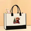 Festive Christmas Highland Cow print canvas tote bag with black trim and handles - Christmas Highland Cow (圣诞二十六) / 43*13.5*30.5 / Off White