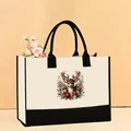 Large capacity canvas tote bag featuring Christmas deer print and black trim handles - 43*13.5*30.5cm / Christmas 24
