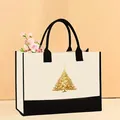 Large stylish canvas tote bag with a golden Christmas tree print in cream and black - 43*13.5*30.5cm / Christmas 27
