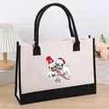 Large capacity cream canvas tote bag featuring festive Christmas pug graphic print - 43*13.5*30.5cm / Christmas 12