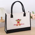 Stylish Christmas reindeer printed canvas tote bag with black trim and large capacity - 43*13.5*30.5 / Christmas 4 (Reindeer Pattern)