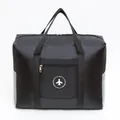 Large foldable black nylon travel duffel bag with trolley sleeve and round airplane logo design - Black With Round Label