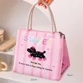 Pink insulated lunch bag with cute sausage dog print and dimension markings - Trendy Dog