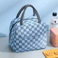 Bolsa de almuerzo aislada con patrón de cuadros azules y textura de burbujas - Azul