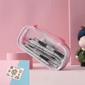 Transparent pink mesh pencil case with large capacity and portable handle for students - White Edge Duck