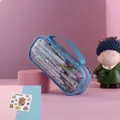 Blue large capacity mesh pencil case with handle and cute cartoon stickers set - Blue Edge Bear