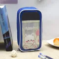 Blue cute transparent pencil case with bear illustration and large capacity for students - Dark Blue Bear