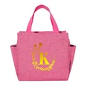 Portable insulated lunch bag in pink color featuring golden letter K and floral wreath - Gold Gradient Letter K / 25*14*24CM / Rose Red