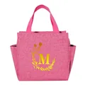 Large pink insulated lunch bag with elegant yellow floral M monogram for office use - Gold Gradient Letter M / 25*14*24CM / Rose Red