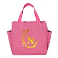 Portable insulated lunch bag in bright pink featuring a yellow letter N floral wreath design. - Gold Gradient Letter N / 25*14*24CM / Rose Red