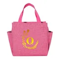 Portable pink insulated lunch bag with elegant gold letter Q floral wreath print - Gold Gradient Letter Q / 25*14*24CM / Rose Red