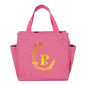 Insulated pink lunch bag featuring a yellow floral letter P design for school and office - Gold Gradient Letter R / 25*14*24CM / Rose Red