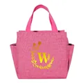Portable pink insulated lunch bag featuring a stylish yellow floral initial W monogram - Gold Gradient Letter W / 25*14*24CM / Rose Red