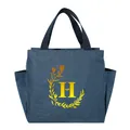 Portable thermal blue lunch bag featuring a yellow letter H and floral wreath design - Gold Gradient Letter H / 25x14x24cm / Navy Blue