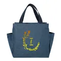 Blue denim-textured insulated lunch bag with floral letter graphic and side pockets - Gold Gradient Letter I / 25x14x24cm / Navy Blue