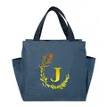 Portable insulated lunch bag in blue denim finish featuring a yellow floral wreath and letter J. - Gold Gradient Letter J / 25x14x24cm / Navy Blue