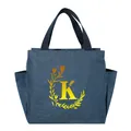 Portable insulated blue denim lunch bag with yellow floral monogram K design for school students - Gold Gradient Letter K / 25x14x24cm / Navy Blue
