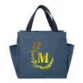 Large capacity portable insulated navy denim lunch bag with floral monogram letter M - Gold Gradient Letter M / 25x14x24cm / Navy Blue