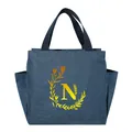 Portable blue insulated lunch bag with yellow floral initial N and side pockets for storage - Gold Gradient Letter N / 25x14x24cm / Navy Blue