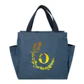 Insulated blue denim lunch bag featuring a yellow floral wreath and letter O print - Gold Gradient Letter O / 25x14x24cm / Navy Blue