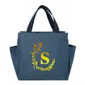 Portable insulated lunch bag with yellow 'S' floral monogram design in denim blue color - Gold Gradient Letter S / 25*14*24CM / Navy Blue